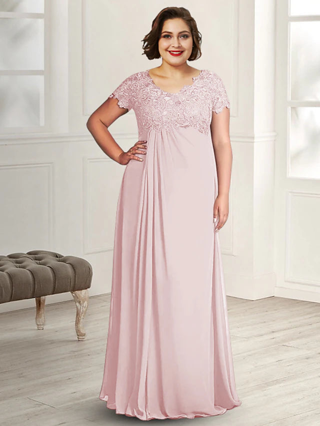 Elegant plus size A-line Mother of the Bride dress with jewel neck and short sleeves, featuring lace appliques and pleats.