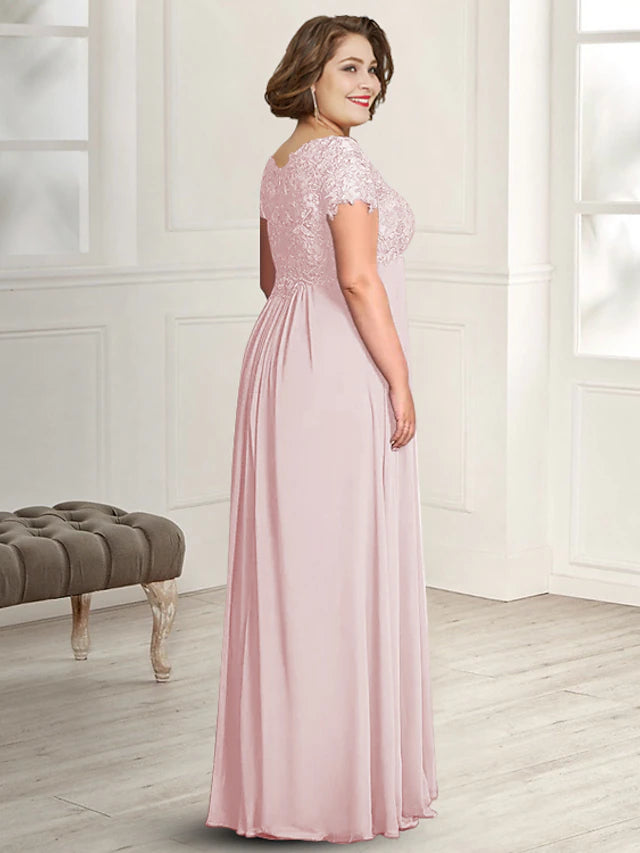 Back view of an elegant plus size A-line Mother of the Bride dress, showing floor-length chiffon and delicate details.
