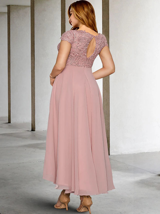 Side profile of the formal plus size dress, highlighting the flowing A-line skirt.