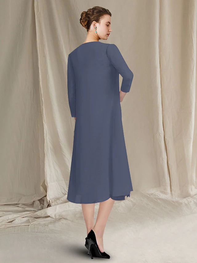 Back view of the elegant A-line tea length mother of the bride dress.