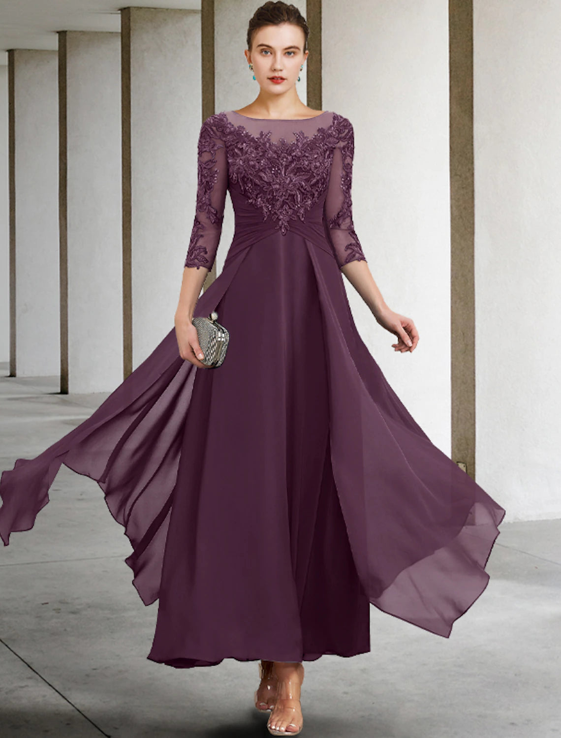 Full view of the elegant A-Line Mother of the Bride dress.