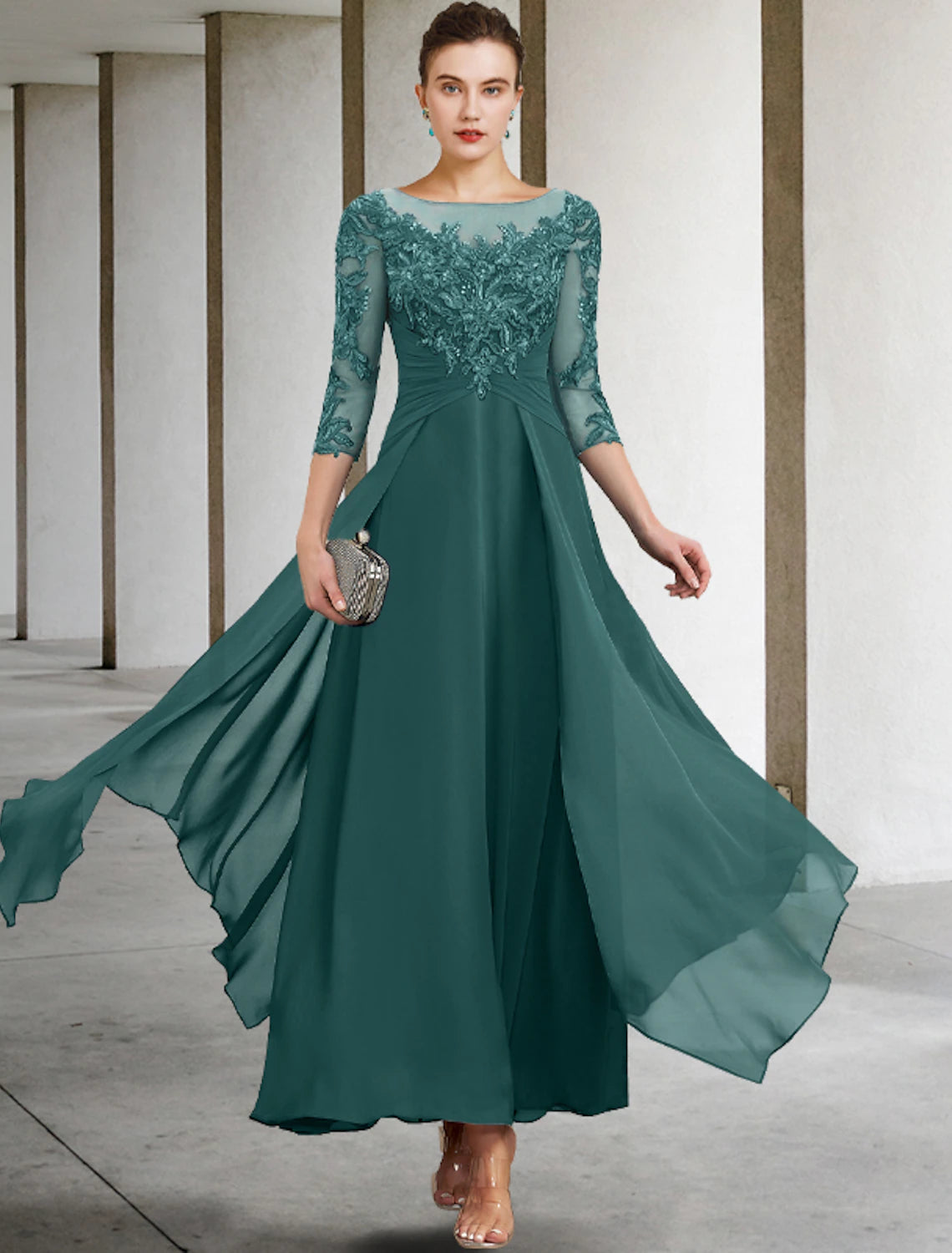 Back view of the elegant ankle-length Mother of the Bride dress.