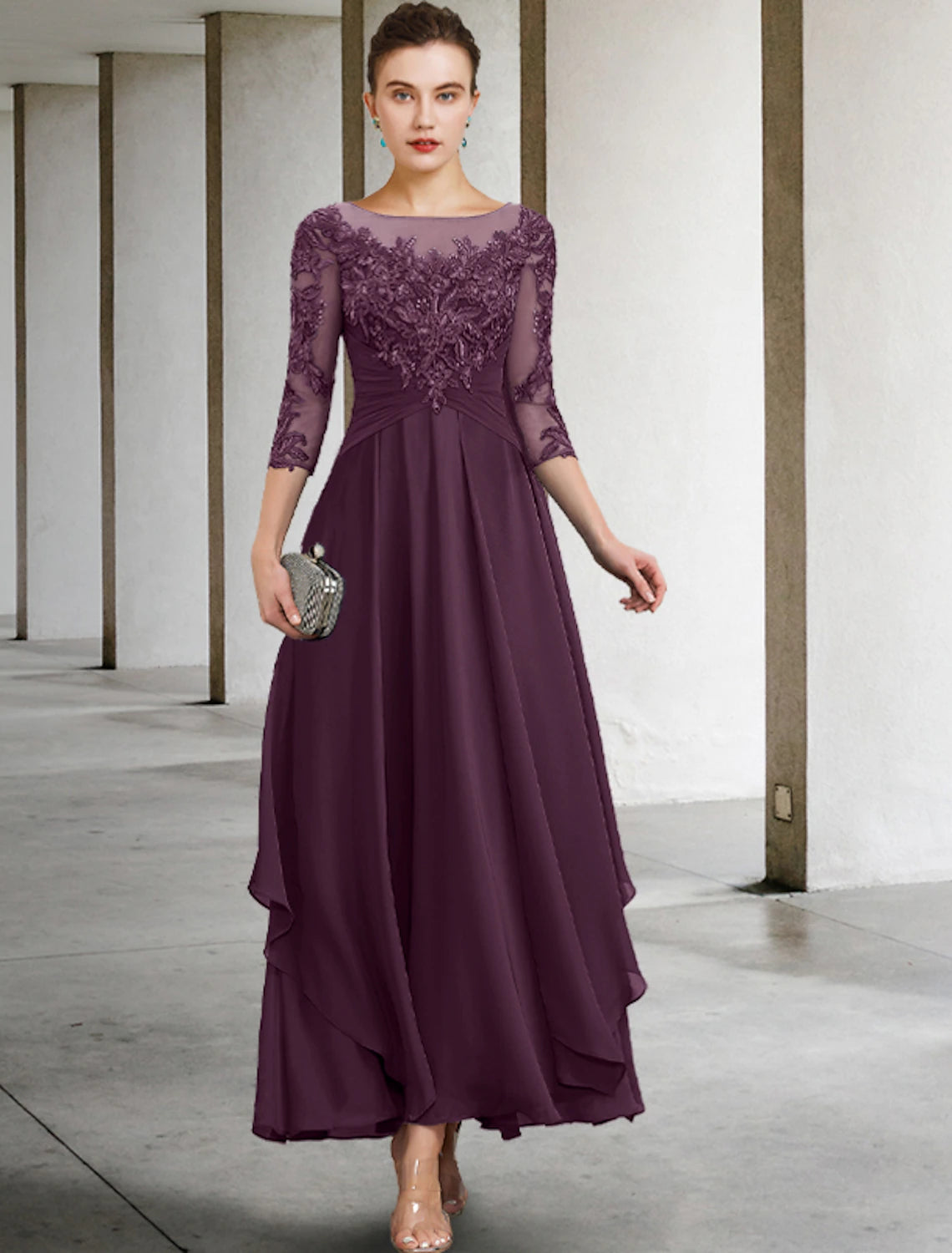 Full length view of the dress, suitable for a fall wedding guest.