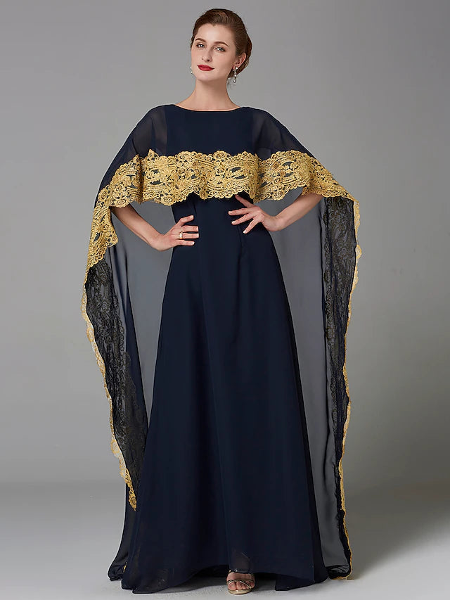 Elegant plus size A-line mother of the bride dress with bateau neck and lace bodice.