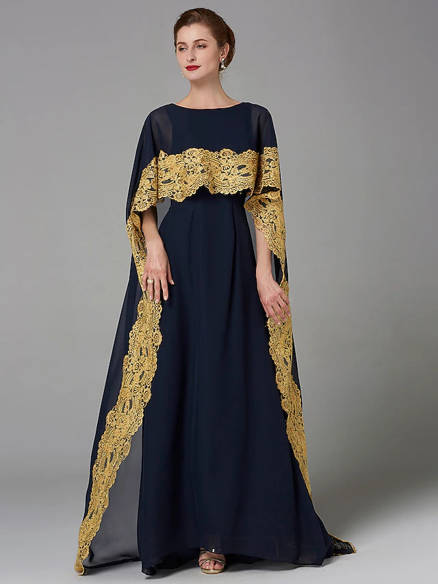 Back view of a plus size A-line chiffon dress with sweep train.