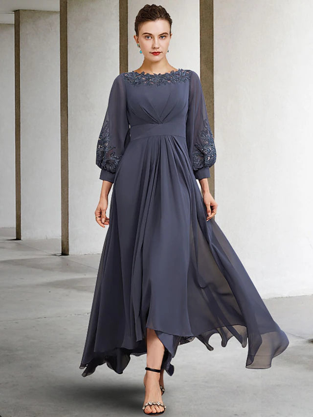 Elegant plus size A-line Mother of the Bride dress with jewel neck and half sleeves, front view.