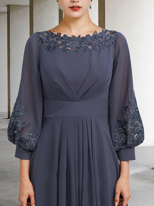 Side view of the plus size A-line Mother of the Bride dress, showing high-low hem and side-draped detail.