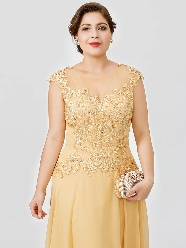 Close-up of the illusion neckline and short sleeve on the elegant dress.