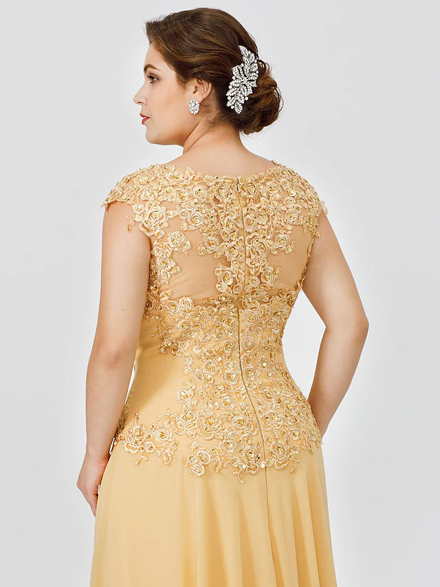 Side view of the chiffon and lace Mother of the Bride gown.