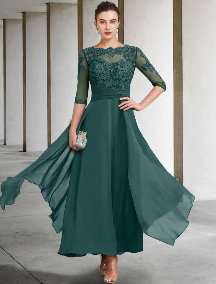 Elegant A-line plus size mother of the bride dress with half sleeves and jewel neck.