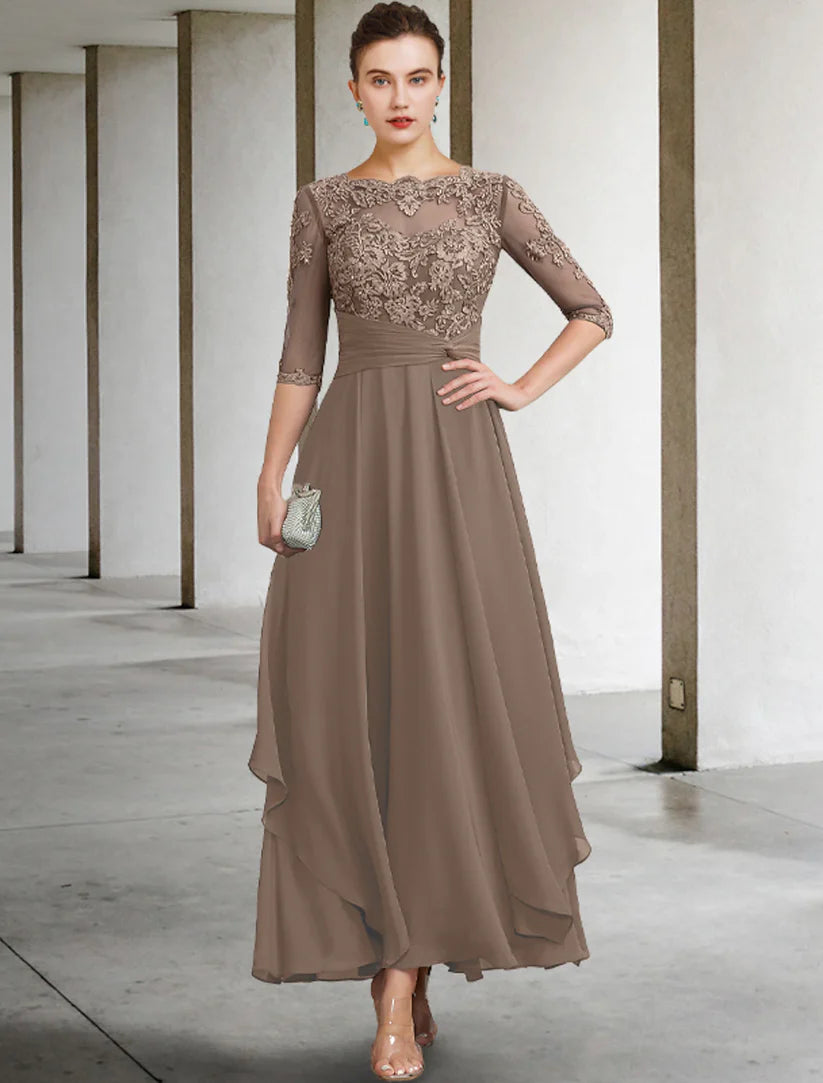 Close-up of the jewel neck and lace details on a plus size elegant dress.
