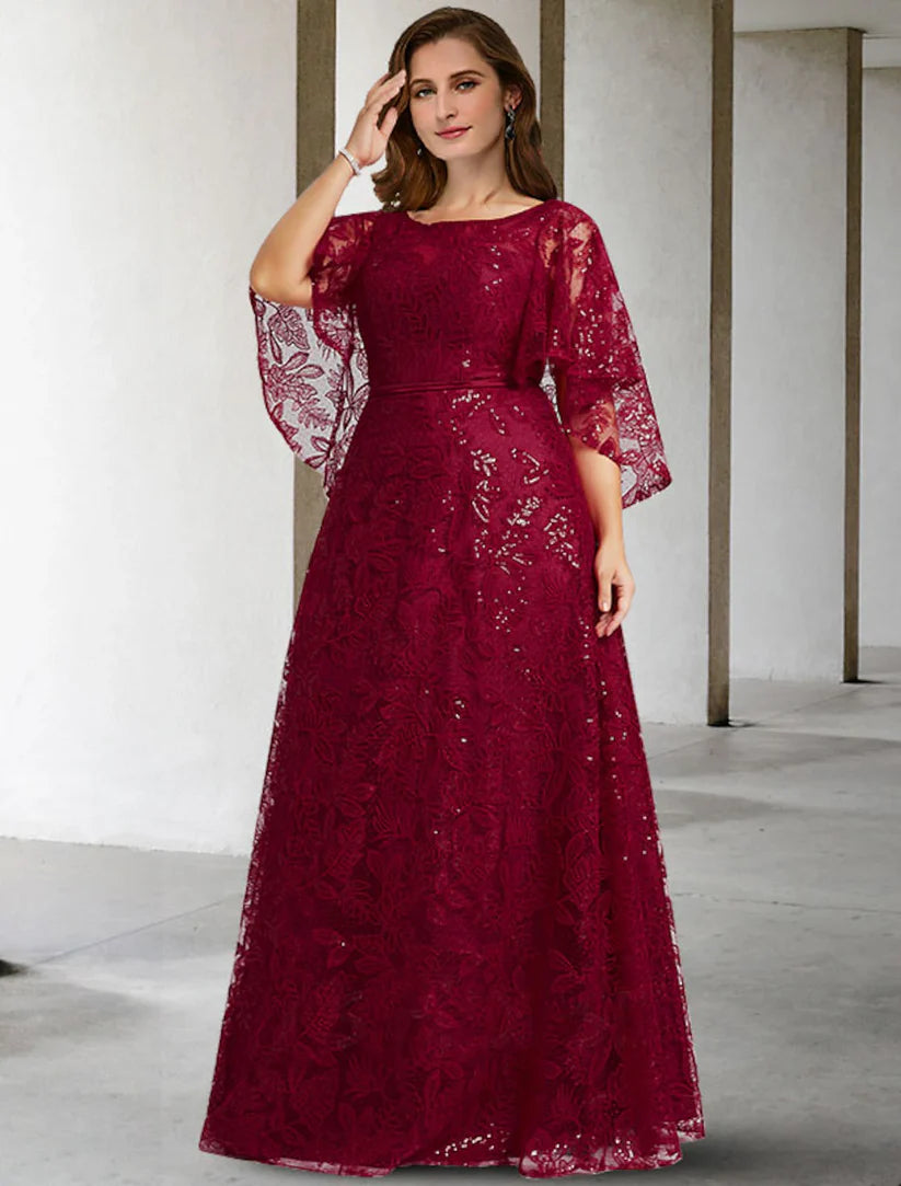 Elegant plus size A-line Mother of the Bride dress with jewel neck.
