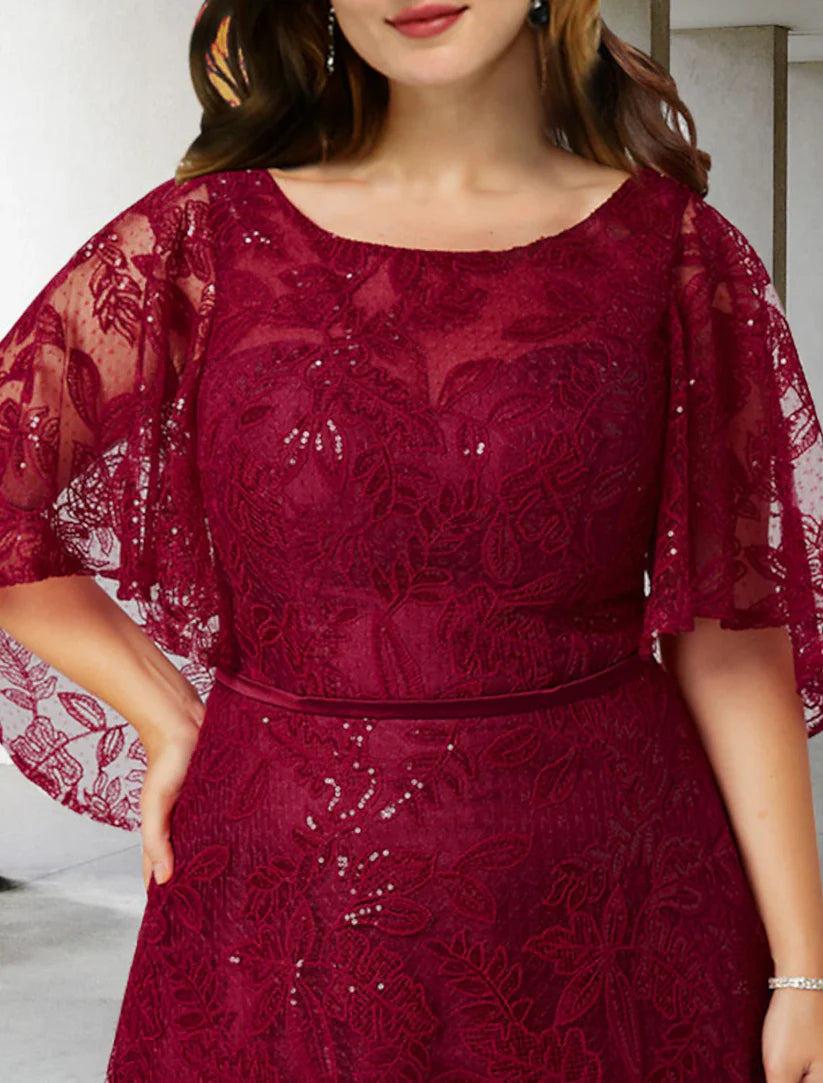 Plus size formal dress with half sleeves, suitable for wedding occasions.