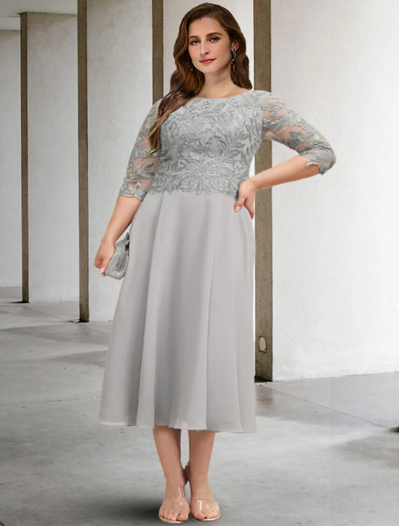Elegant plus size A-line Mother of the Bride dress, tea length, V-neck, 3/4 sleeves, front view.