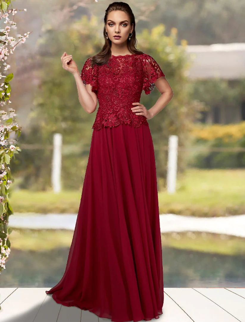 Elegant plus size A-line Mother of the Bride dress with V-neck, lace, and beading.