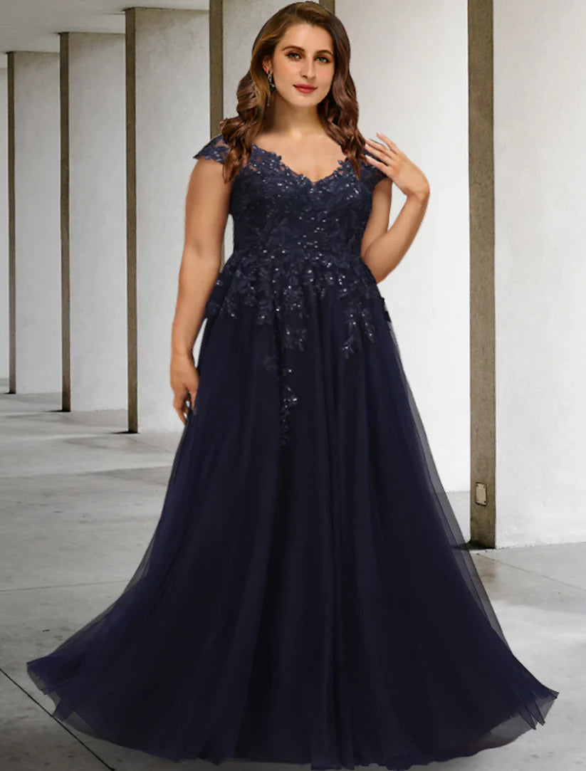 Plus size A-line Mother of the Bride dress with V-neck, short sleeves, and sequin appliques on tulle.