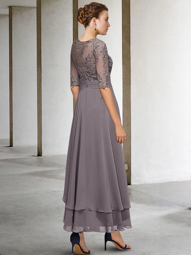 Back view of the elegant plus size A-line Mother of the Bride dress.