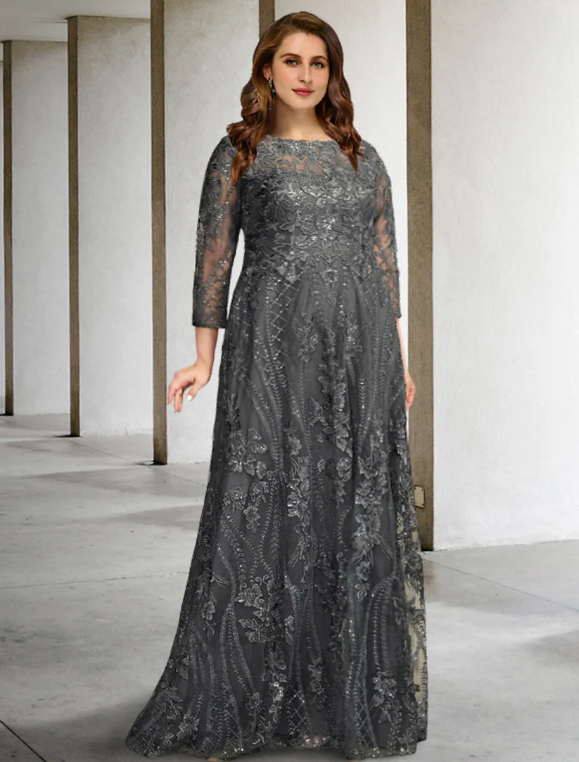 Elegant plus size A-line mother of the bride dress in chiffon with long sleeves and applique.