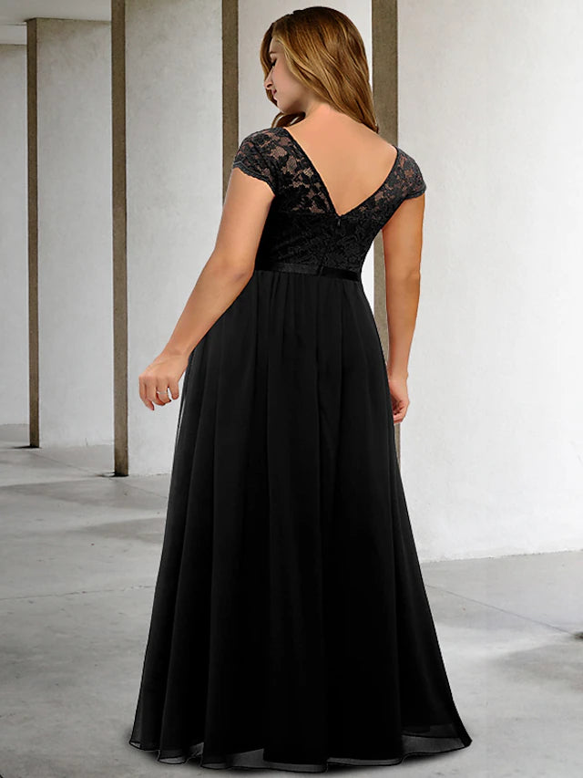 Plus Size A-Line formal dress, showcasing floor-length design and chiffon fabric.