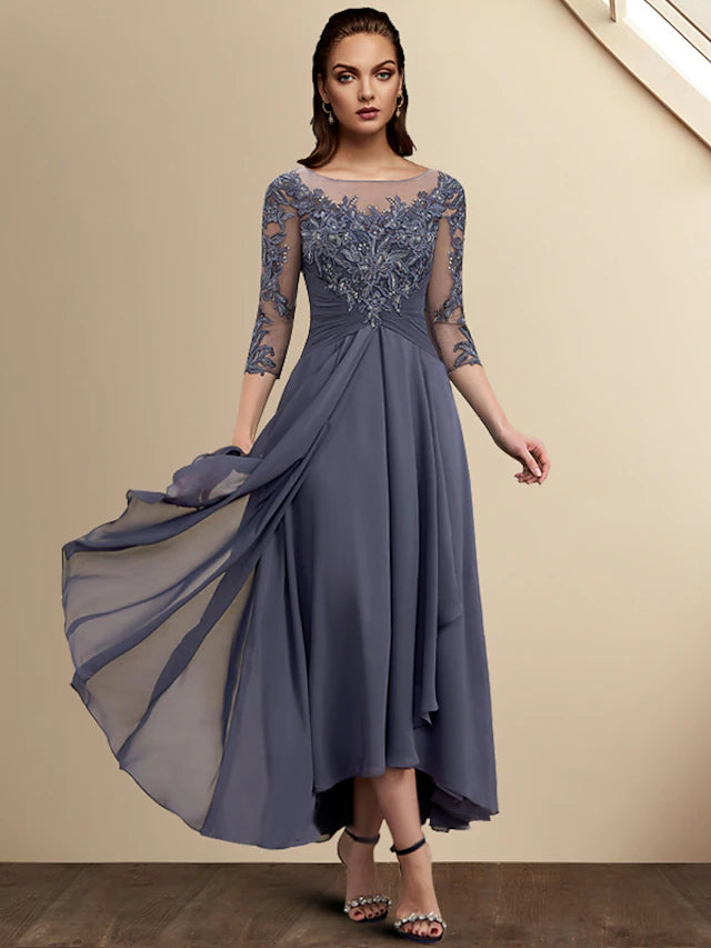 Elegant plus size A-line Mother of the Bride dress with jewel neck and 3/4 sleeves, featuring a high-low tea length hem.