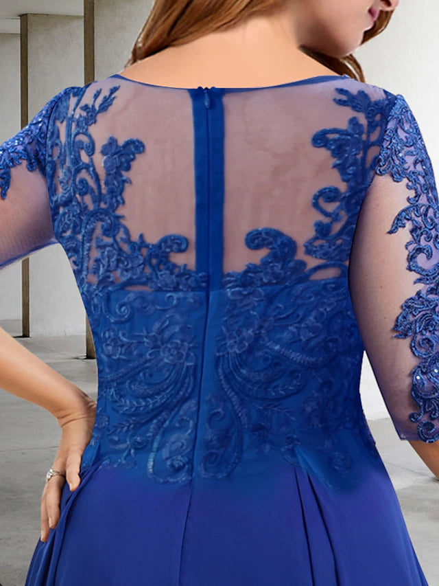 Back view of a tea length formal dress featuring sequin appliques and pleats.