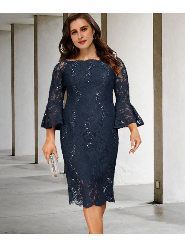 Elegant A-line plus size mother of the bride dress with jewel neck and 3/4 sleeves.