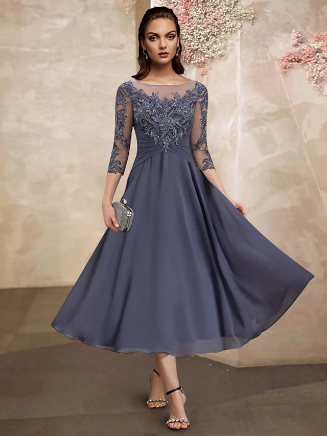 Elegant plus size A-line tea length Mother of the Bride dress.