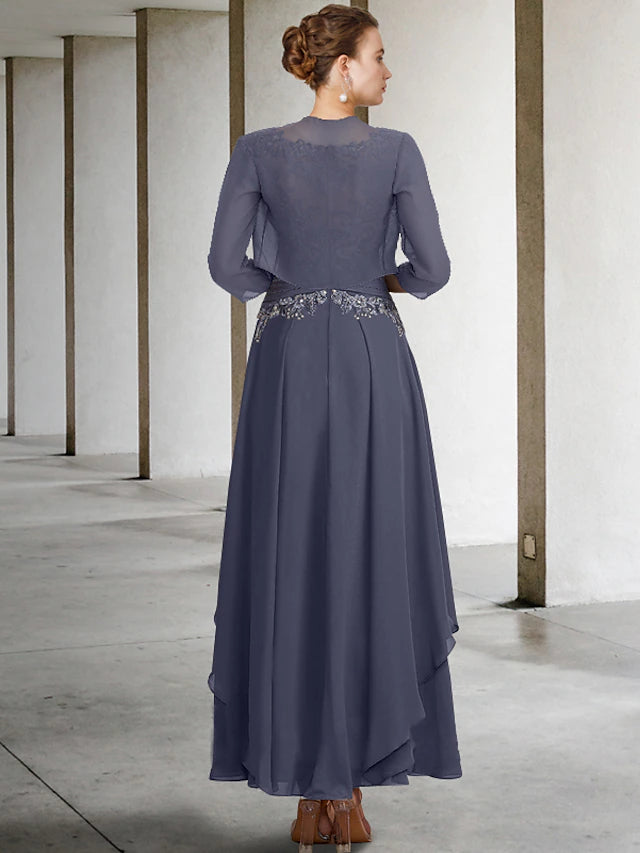 Ankle length chiffon and lace Mother of the Bride gown.