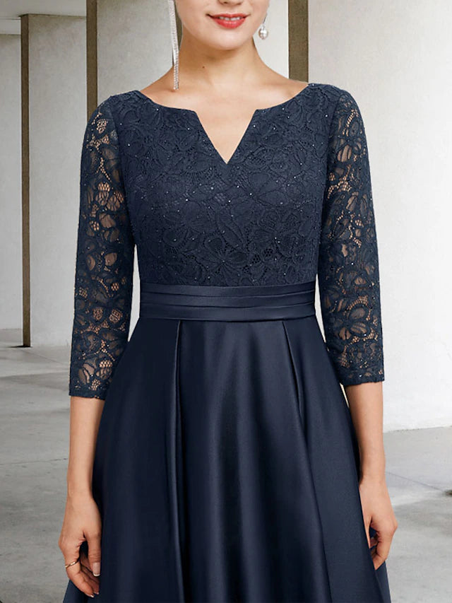 Elegant satin lace ankle-length gown with pleated and ruched details.