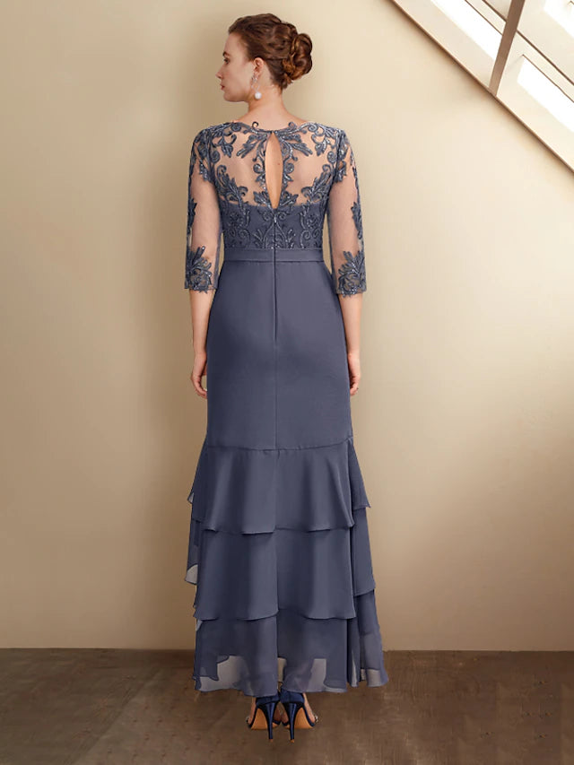 Side view of the A-line plus size gown, highlighting the asymmetrical ankle length and delicate appliques.
