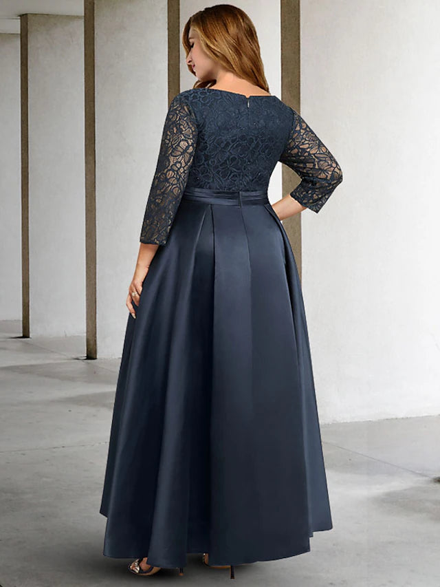 Side view of the formal plus size dress, highlighting the flowing A-line silhouette and satin fabric.
