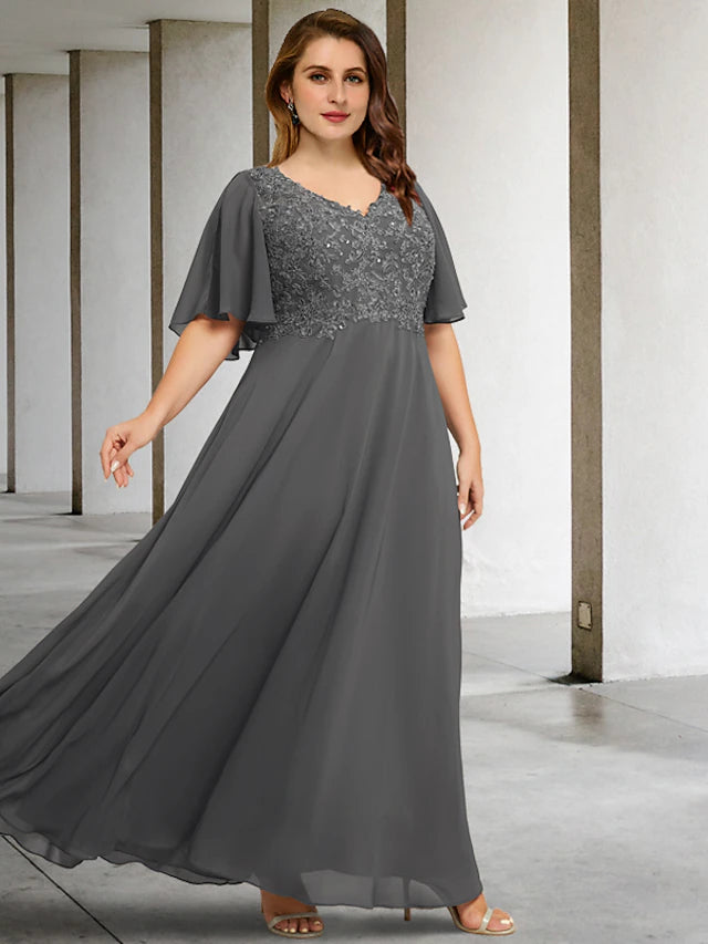Elegant A-line plus size Mother of the Bride dress with V-neck and short sleeves.