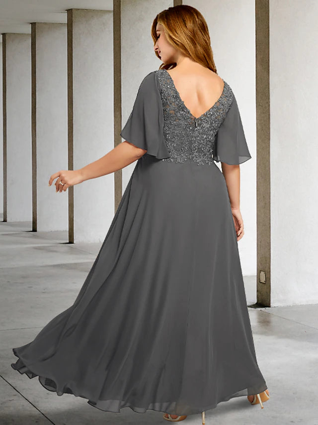 Side view of the elegant plus size A-line dress, showcasing its flowing silhouette.