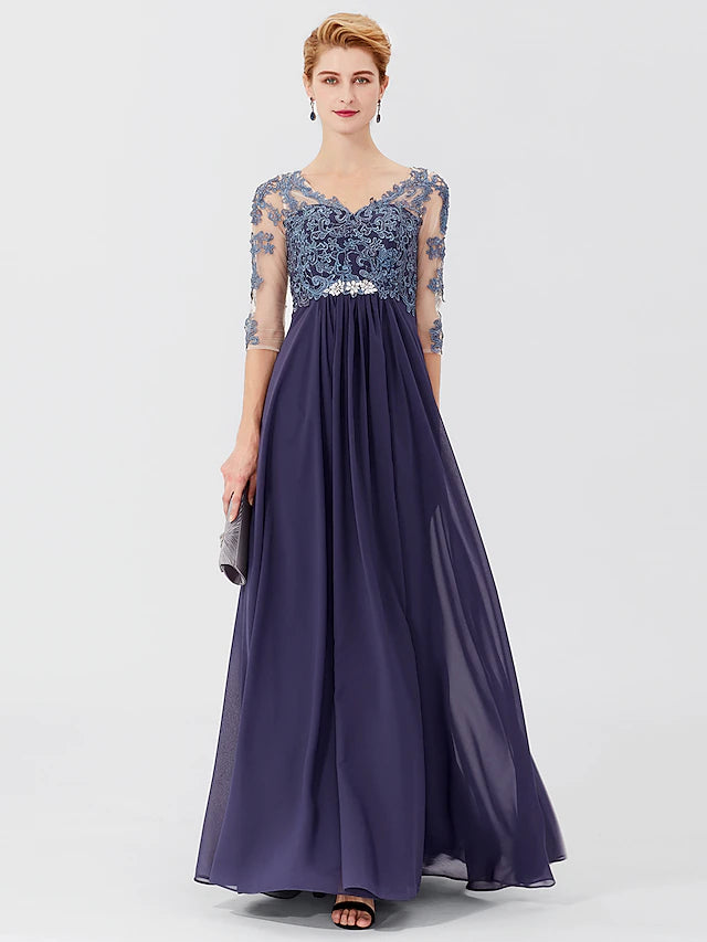 Elegant plus size Mother of the Bride dress with V-neck and 3/4 lace sleeves.