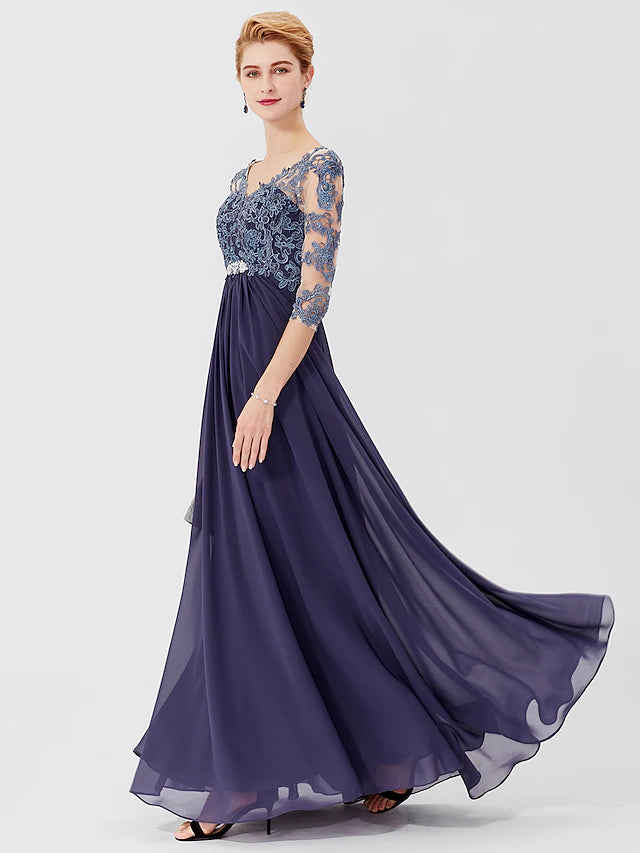 Side profile of a woman wearing a floor-length Mother of the Bride dress.