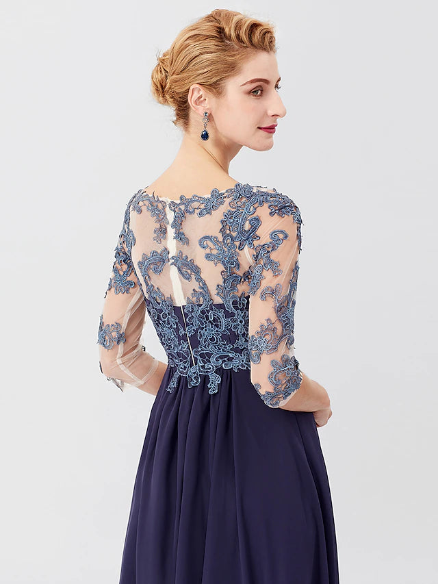 Full length view of the elegant plus size A-line formal dress.