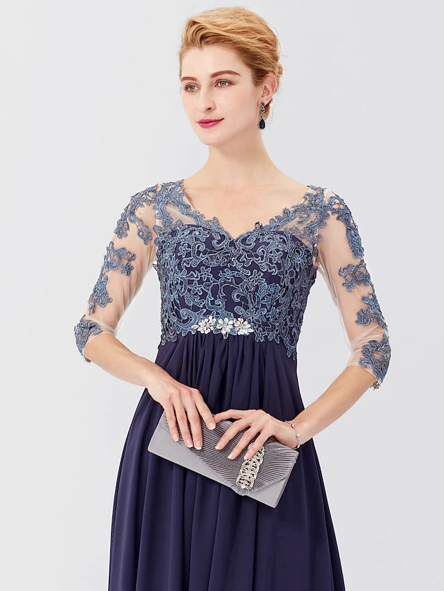 Detail of the crystal appliques on the chiffon and lace fabric.