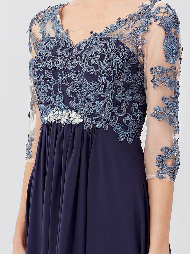 Flowing chiffon skirt of the floor-length A-line gown.