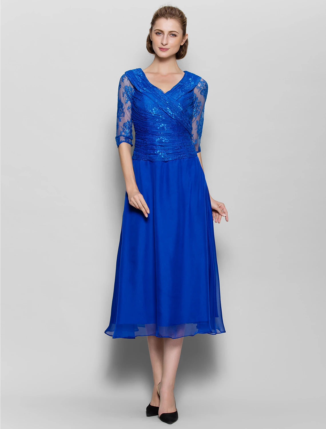 Back view of the plum A-line Mother of the Bride dress.