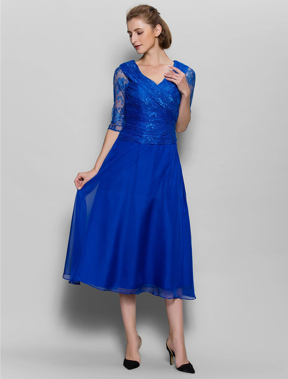 Side view of the elegant plum chiffon lace dress.