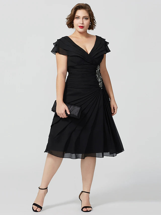 Elegant plus size A-line V-neck chiffon mother of the bride dress with beading.