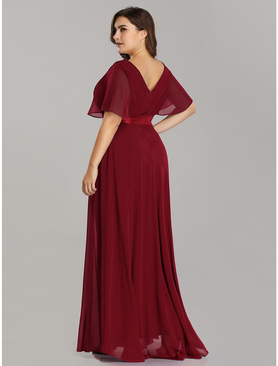 Back view of the A-line chiffon Mother of the Bride dress with ruching detail.