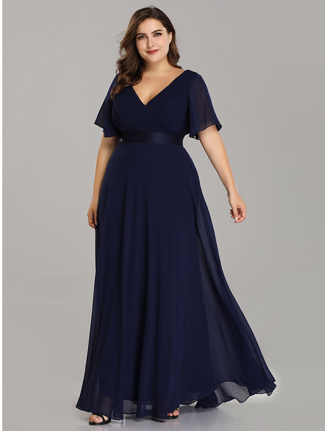 Another angle of the plus size A-line Mother of the Bride dress.