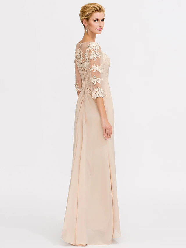 Back view of the floor-length A-line chiffon Mother of the Bride dress.