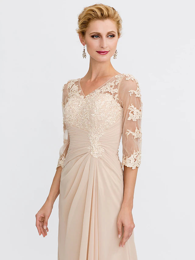 Side view of the elegant chiffon dress, highlighting the flowing fabric and side draping.