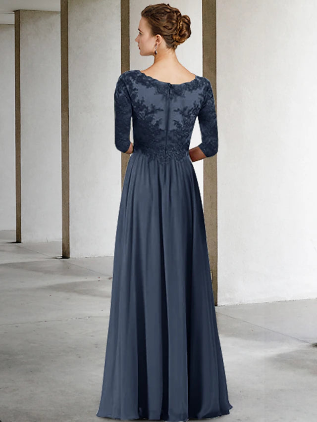 Close-up of the V-neckline and half sleeve detail on the Mother of the Bride dress.