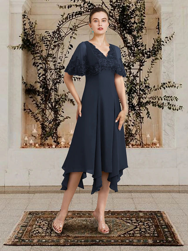 Elegant plus size A-line mother of the bride dress with V-neck and high-low tea length hem.