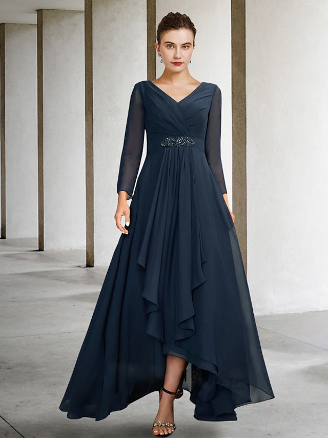 Elegant plus size A-line V-neck long sleeve chiffon Mother of the Bride dress.