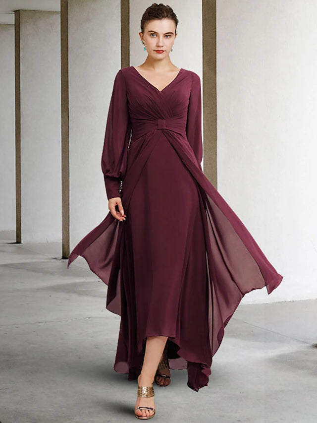 Elegant plus size A-line Mother of the Bride dress with V-neck and long sleeves.