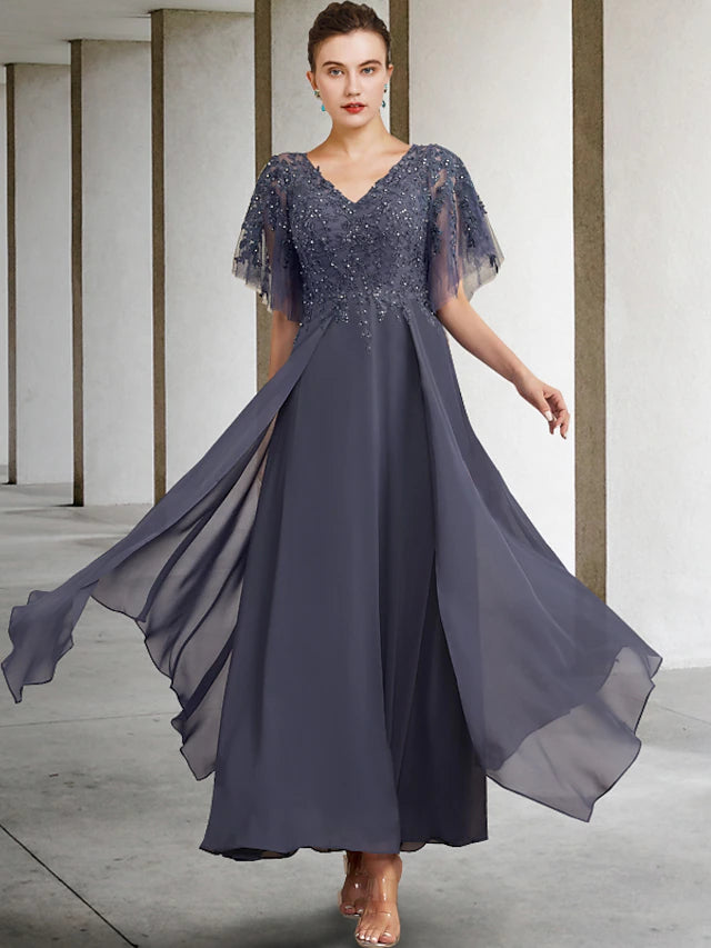Elegant A-line V-neck Mother of the Bride dress with short sleeves.